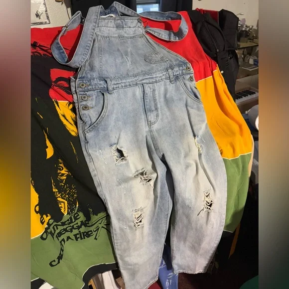 Distressed Light Blue Denim Overalls - Picture 2 of 6